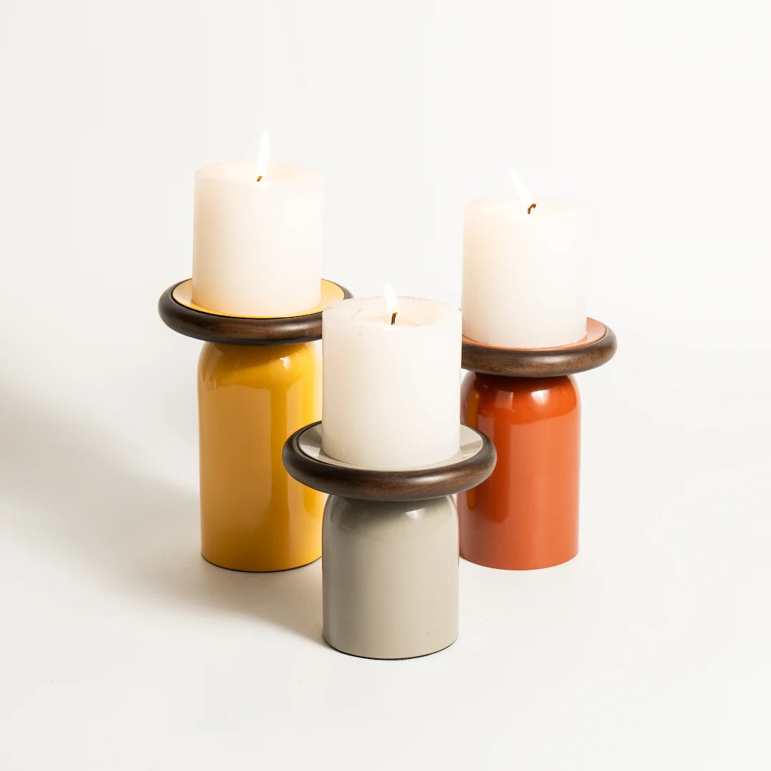 SET OF 3 PILLAR HOLDER WITH WOOD
