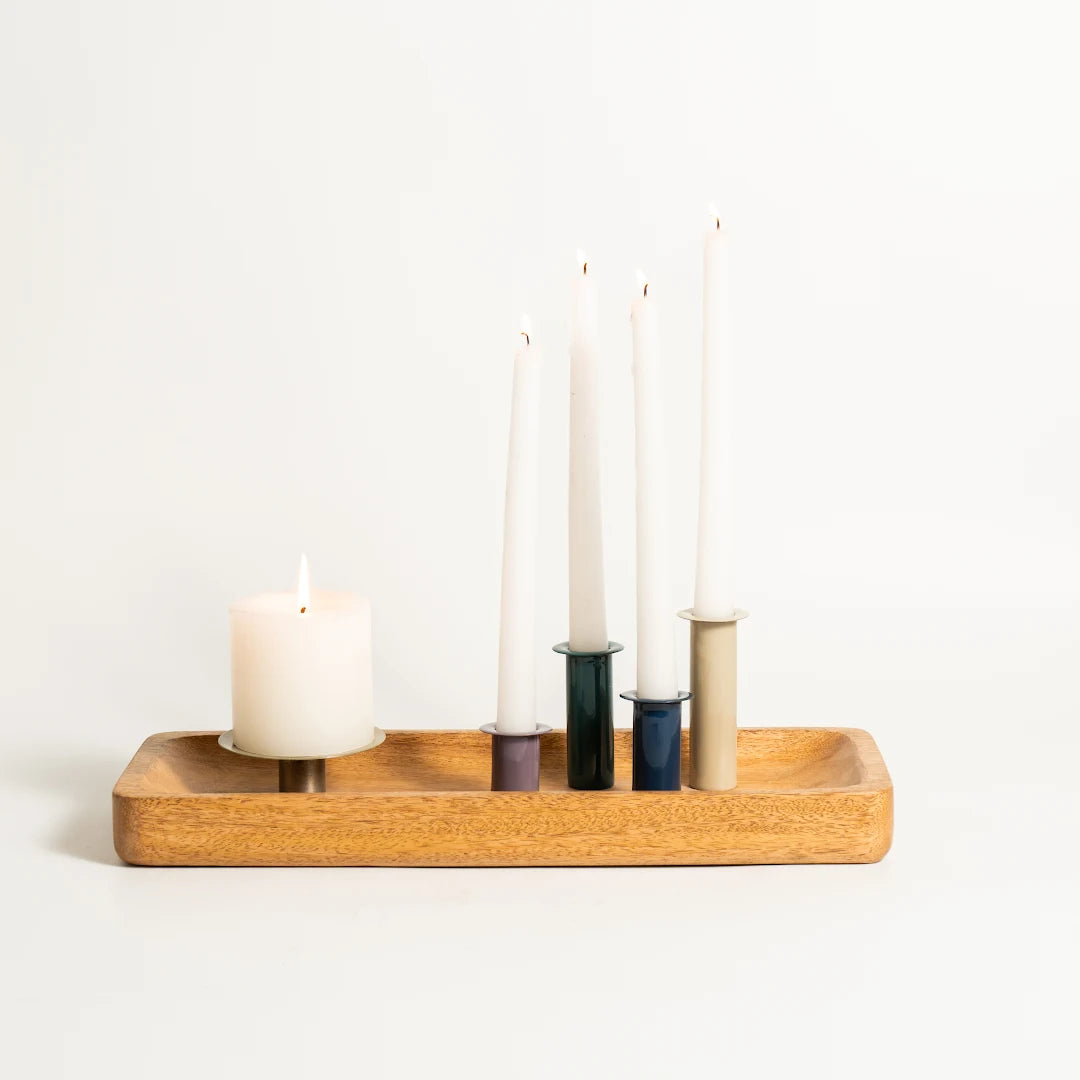MULTI TAPER CANDLE & PILLAR HOLDER WITH WOODEN BASE