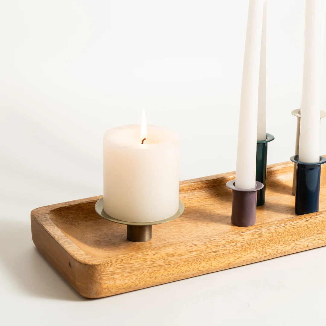 MULTI TAPER CANDLE & PILLAR HOLDER WITH WOODEN BASE