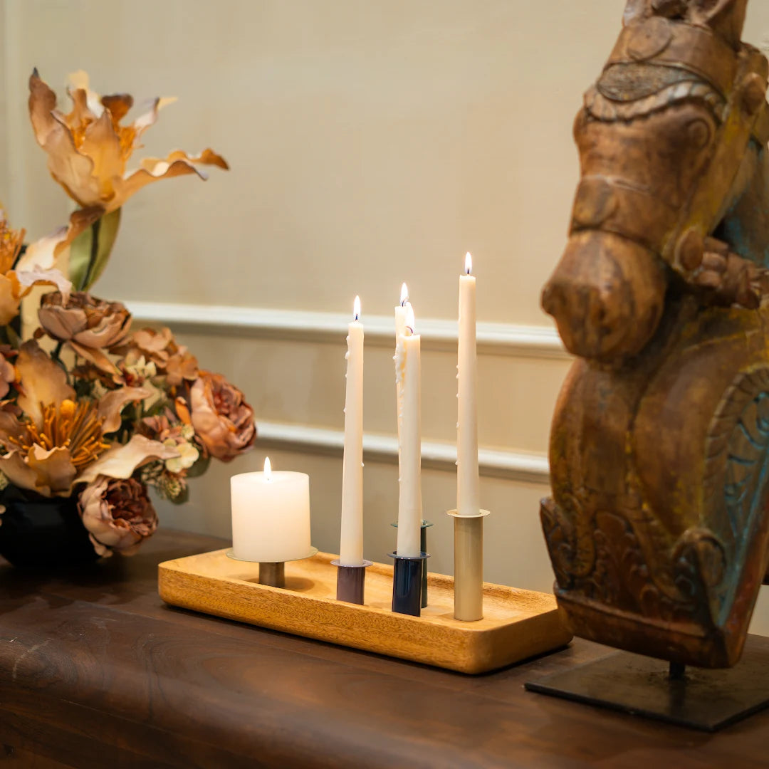MULTI TAPER CANDLE & PILLAR HOLDER WITH WOODEN BASE