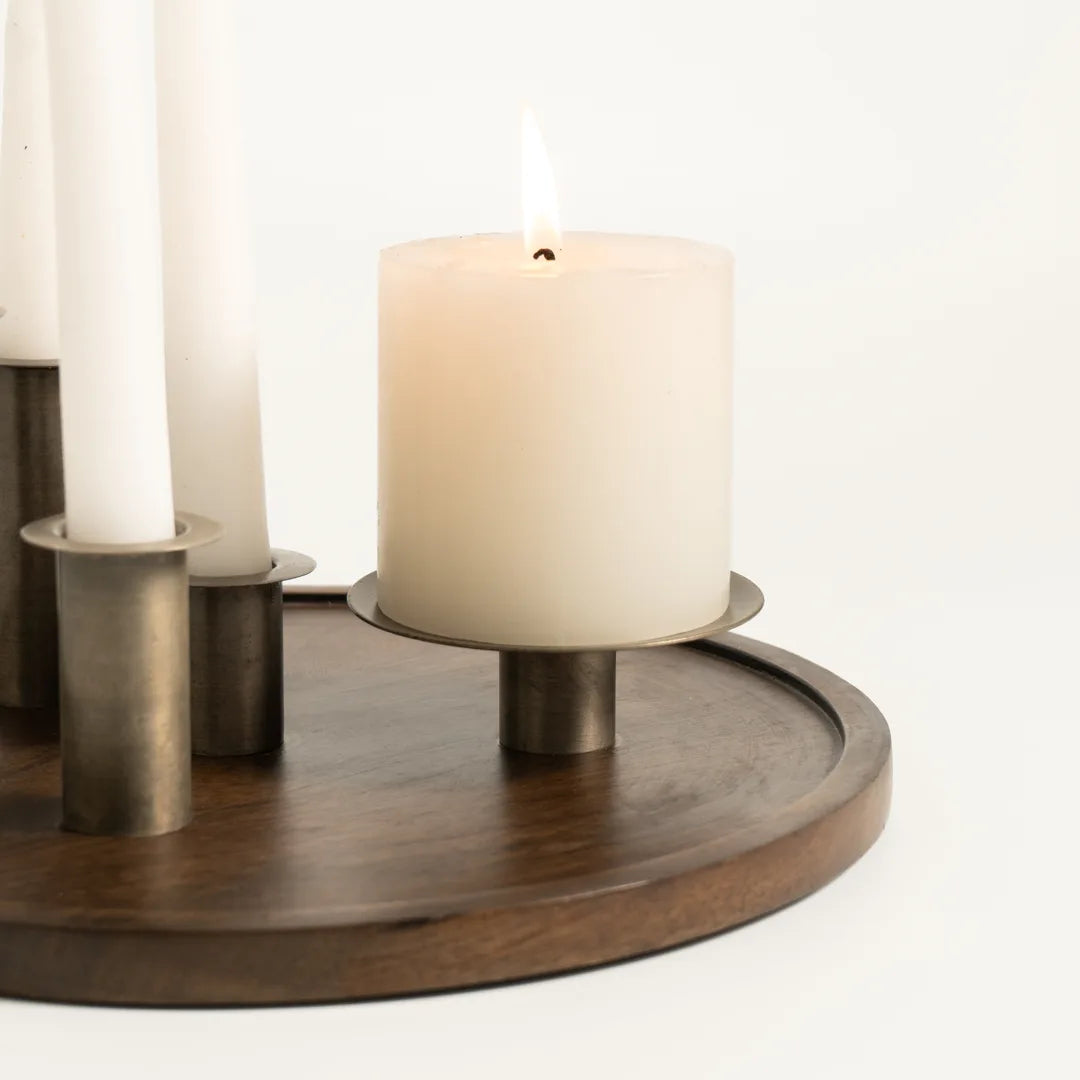 WOODEN TRAY WITH  PILLAR  / MULTI TAPER CANDLE HOLDER