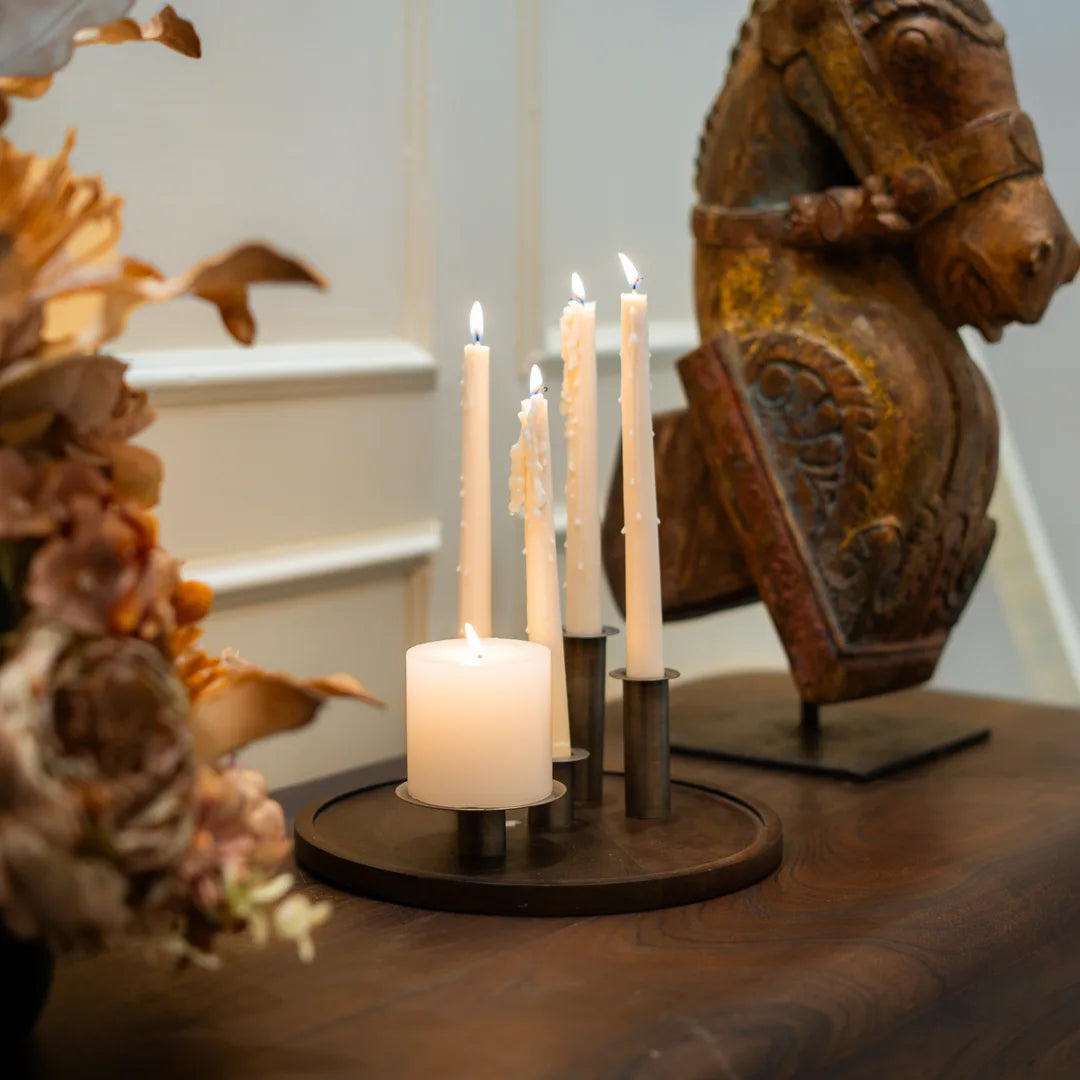 WOODEN TRAY WITH  PILLAR  / MULTI TAPER CANDLE HOLDER