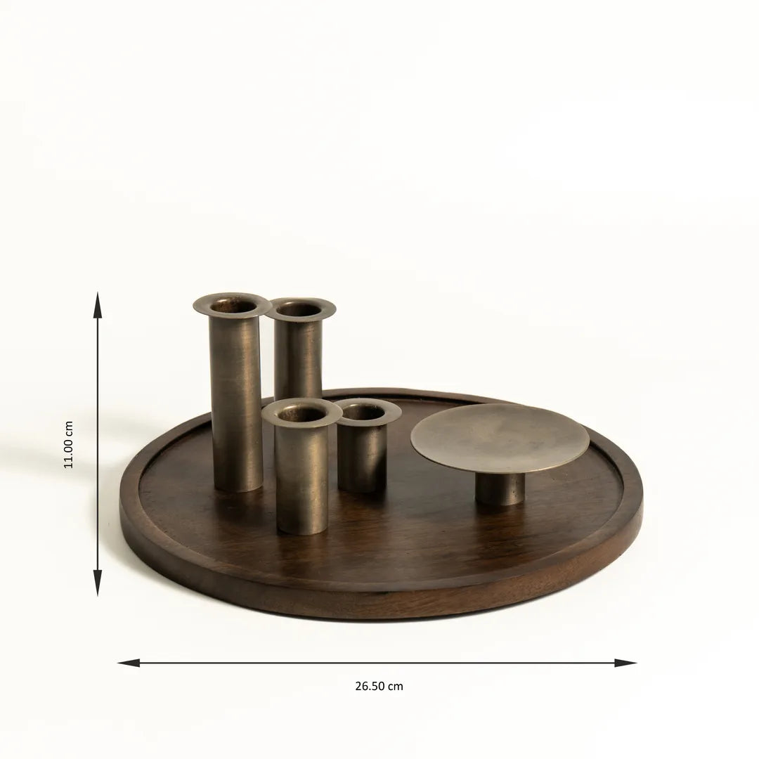 WOODEN TRAY WITH  PILLAR  / MULTI TAPER CANDLE HOLDER