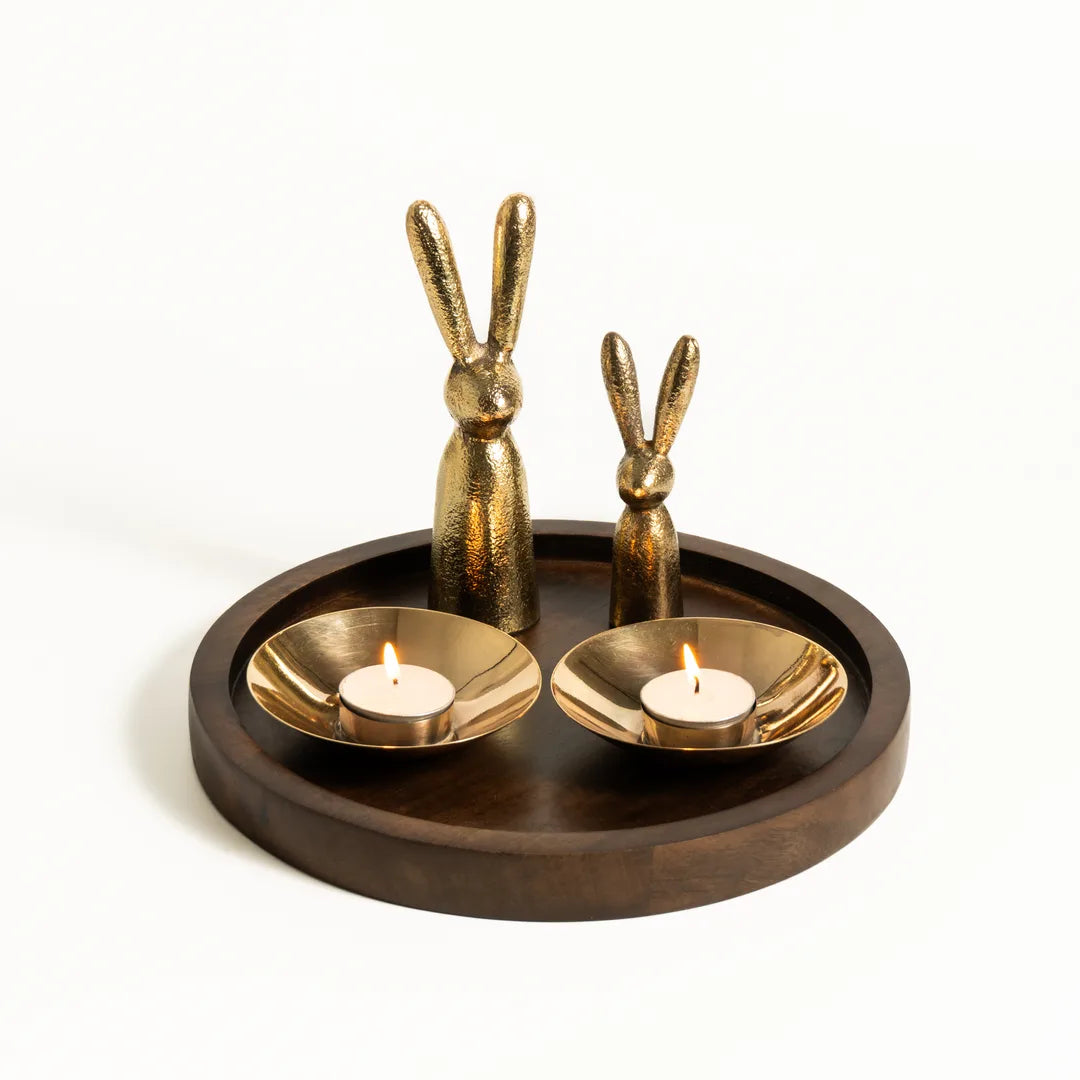 PLATTER WITH DECORATIVE RABBIT / T-LIGHT HOLDER SET OF 2
