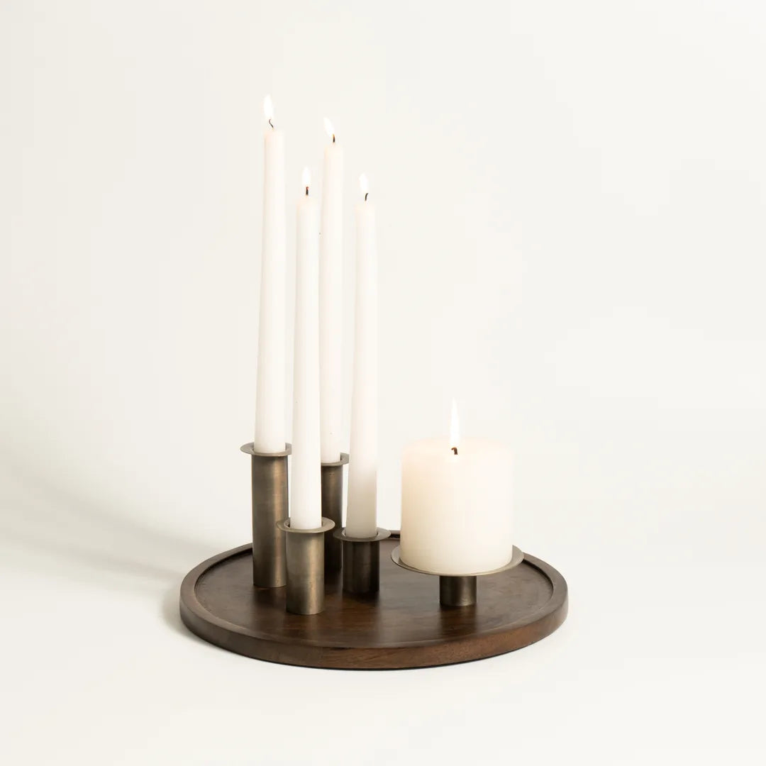 WOODEN TRAY WITH  PILLAR  / MULTI TAPER CANDLE HOLDER